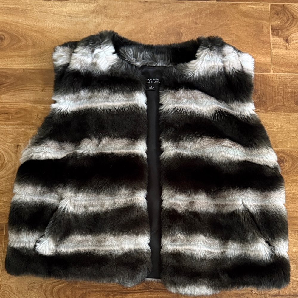 Tahari Black and Gray Faux Fur Vest